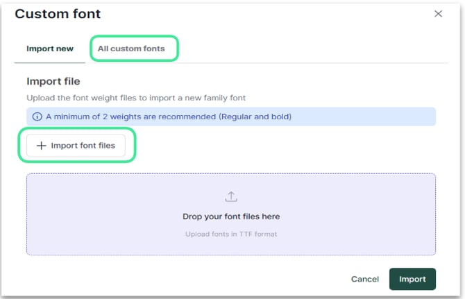Screenshot des Importierens von Schriftarten in HubSpot
