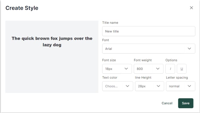 Panneau de personnalisation des styles de titres