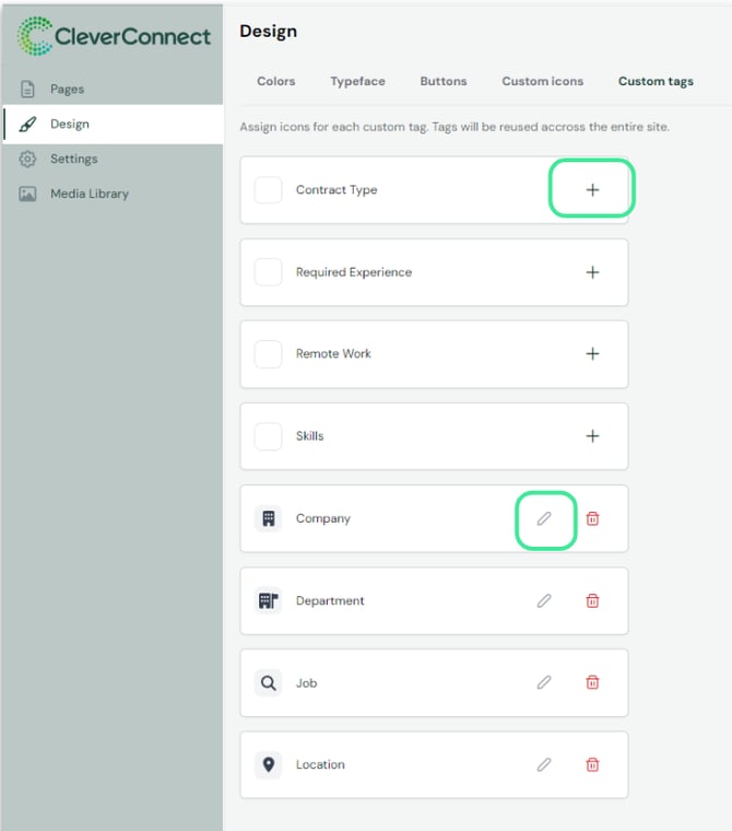 Capture d'écran montrant la personnalisation des icônes de balises dans le CMS