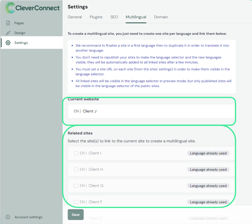 Capture d'écran illustrant la configuration d'un site multilingue dans un outil de création de site