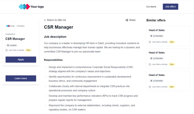 Exemple de page de détails d'une offre d'emploi