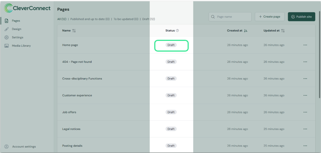Capture d'écran montrant les différents statuts des pages dans le Career Site