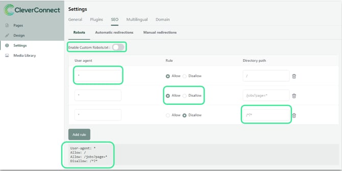 Screenshot der Robots.txt-Konfiguration in den SEO-Einstellungen