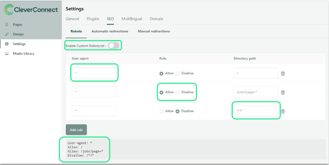 Capture d'écran des paramètres du fichier robots.txt dans HubSpot