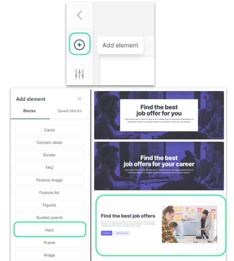 Capture d’écran illustrant l’ajout de blocs dans Career Site Builder