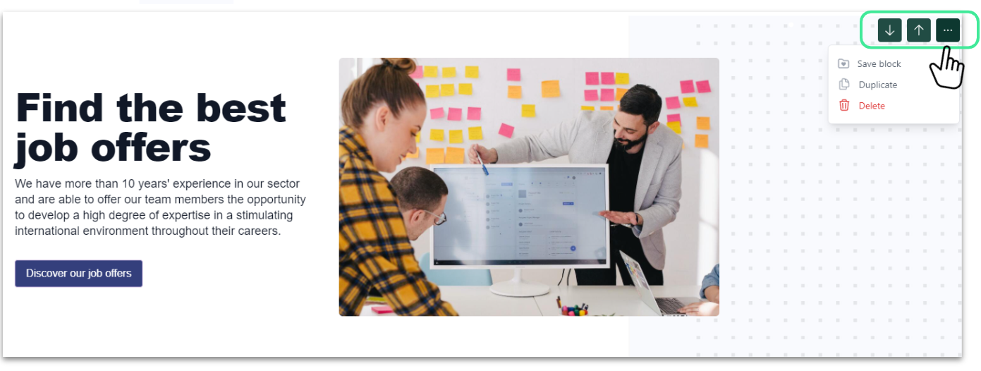 Capture d’écran illustrant la gestion des blocs dans Career Site Builder