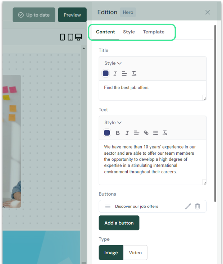 Capture d’écran illustrant la personnalisation des blocs dans Career Site Builder