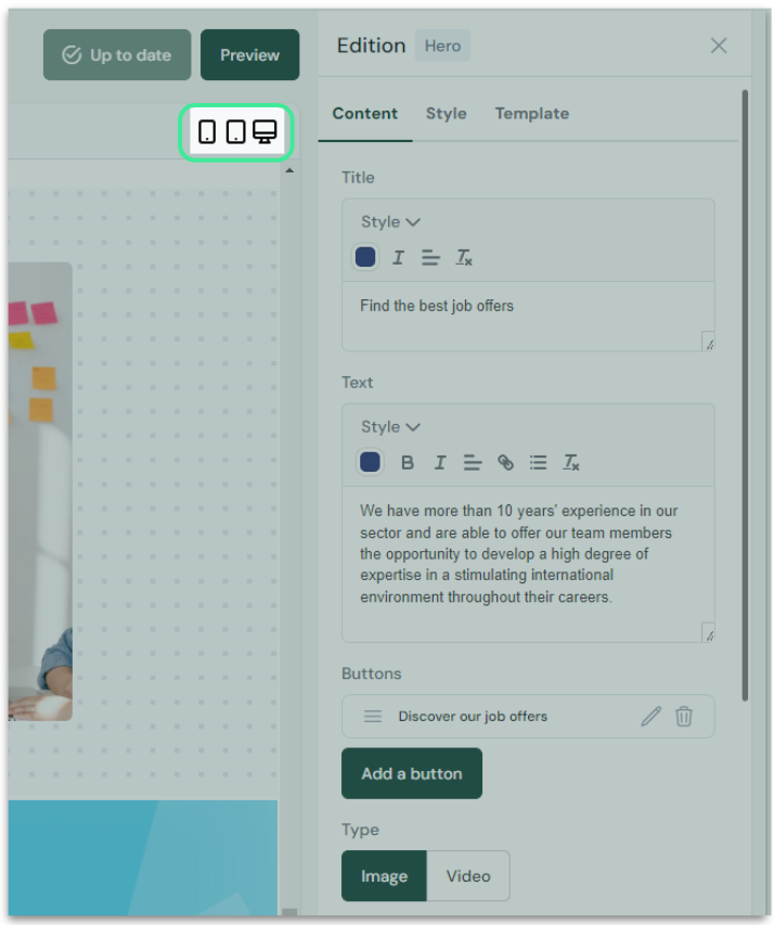 Screenshot der Speicherfunktion und Vorschau im Page Builder