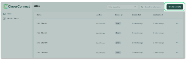 Screenshot eines Buttons zum Erstellen einer neuen Website